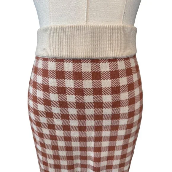 2/$30 Madewell XS Midi Skirt Red Brown & White Gingham Check Elastic Waist Knit - Picture 5 of 14